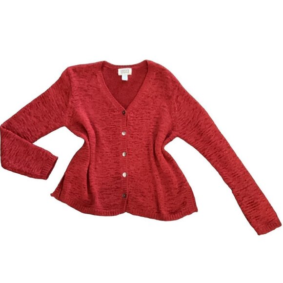 Chico's Design Red Open Weave V-Neck Button Cardigan Sweater Sz 1 (M/8)  191i - Picture 1 of 12